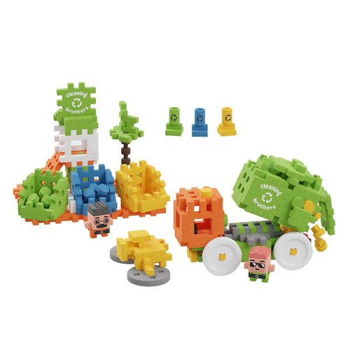 Marioinex Mini Waffle City- Garbage Truck Construction Playset Includes 148 Flexible Blocks and 2 Characters- Improves Fine Motor Skills- STEM STEAM Building Montessori Toys for Kids 5+