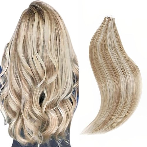 Sixstarhair Light Brown Highlights Tape In Hair Extensions Brown Mixed with Ash Blonde Seamless Straight Hair Extensions with Double Sided Tape, 16 Inch 50 Gram [Color P8-60#-16 inch]