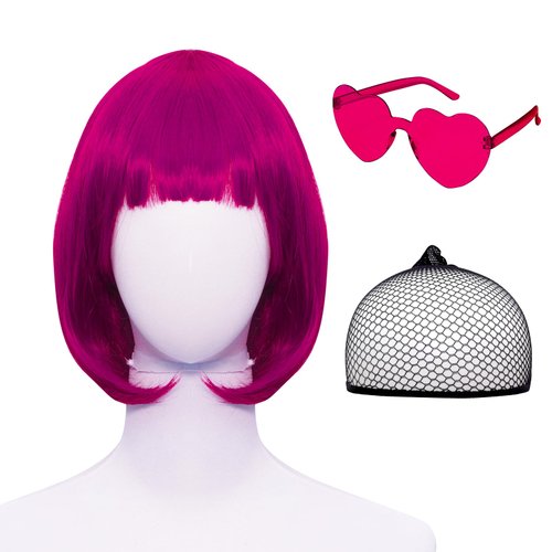 Fumwase Bob Wigs with Bangs Short Bob Wig and Party Sunglass Set Colored 80s Wig for Women Girls Halloween Party