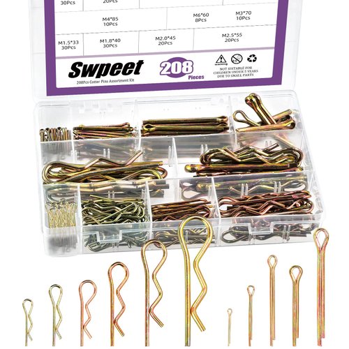 Swpeet 208Pcs Multiple Sizes Colored Zinc Plated Stainless Steel Cotter Pin and Hair Pin Assortment Kit, Straight Pins R Pins R Shape Clips Hitch Pin Holds Pins Fastener Clips Fitting for Lock System