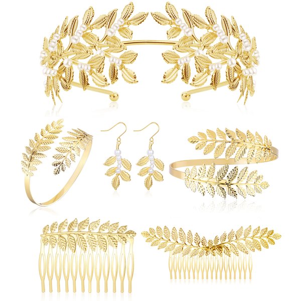 Magitaco Grecian Goddess Costume Accessories Set for Women Greek Leaf Bracelet Golden Leaves Bridal Hair Crown Headband Artificial Pearl Leaf Earrings Golden Leaves Bridal Hair Comb for Wedding Party