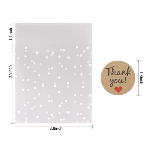 FLYTT Self Adhesive Cookie Bags Treat Bags, Resealable Cellophane Bags, White Polka Dot Individual Cookie Bags with Thank You Stickers for Gift Giving (3.9''x3.9'', 100 Pcs)