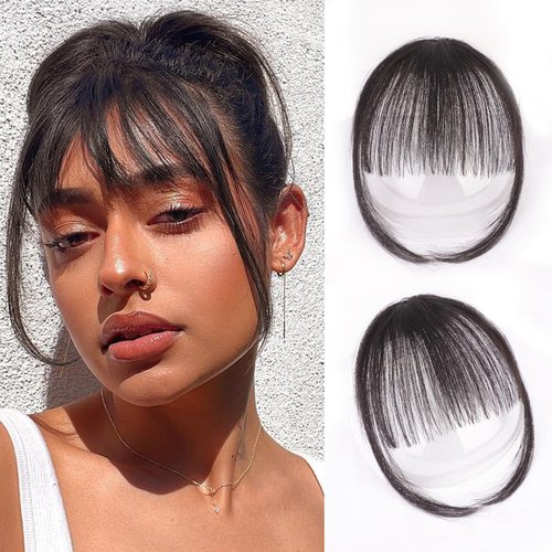 AISI BEAUTY Clip in Bangs-Air Bangs Hair Clip 100% Real Human Hair Bangs Clip on Bangs Fringe with Temples Hairpieces Curved Bangs For Women（Natural Black）
