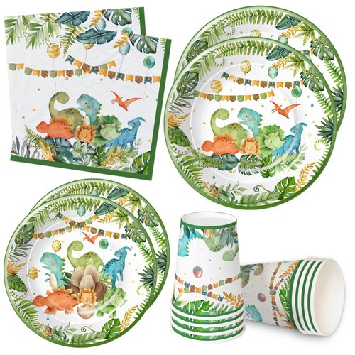 APOWBLS Dinosaur Party Supplies For Baby Shower Birthday, Dinosaur Baby Shower Decorations Tableware, Dino Plate, Cup, Napkin, Watercolor Dinosaur Theme Birthday Party Decorations Dinnerware, Serve 24