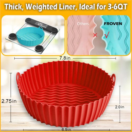FROVEN Silicone Air Fryer Liners 7.8 inch, for 3-6QT, 2-Pcs Round Airfryer Accessories, Compatible with Ninja, COSORI, FABULETTA, Chefman, Instant, LATURE, PowerXL, Gourmia, Elite Gourmet, GoWISE USA