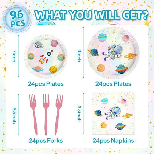Iemctsy 96PCS Space Themed Party Decorations - Space Birthday Decorations Space Party Favors, Space Plates Napkins Disposable Dinnerware for Birthday Christmas Party Decorations Serve 24