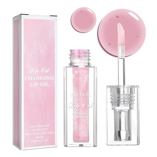 Magic Color Changing Lip Oil, Warm Change Lip Gloss, Nourishing Lip Glow Oil Upgraded Big Brush Head Moisturizing Lip Oil Long Lasting & Non-Sticky Primer Lip Tint (Pink)