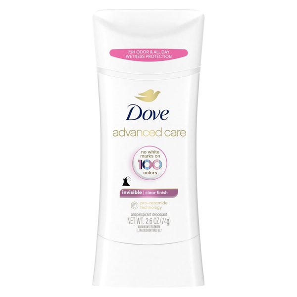 Dove Advanced Care Antiperspirant Deodorant Stick Clear Finish Antiperspirant deodorant that doesn’t stain clothes 72-hour odor control and all-day sweat protection with Pro-Ceramide Technology 2.6 oz