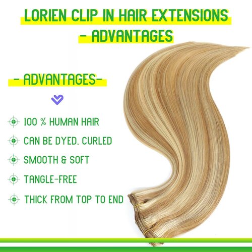 LORIEN Clip in Hair Extensions Real Human Hair, 20 Inch 105g, 18/613 Dark Blonde Highlighted Bleach Blonde, Clip in 100% Brazilian Remy Human Hair Extensions 8pcs Per Set with 18 Clips Double Weft