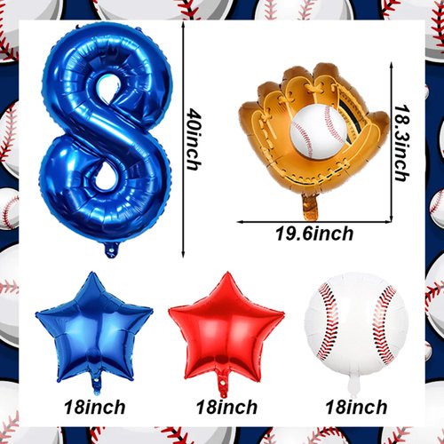 Baseball Balloons 8th Birthday Decorations for Boys, Baseball Party Decorations Baseball Sports Theme Party Supplies, 40 inch Foil Number Balloons Number 8 Balloon Blue Red White Sports Balloon Kits