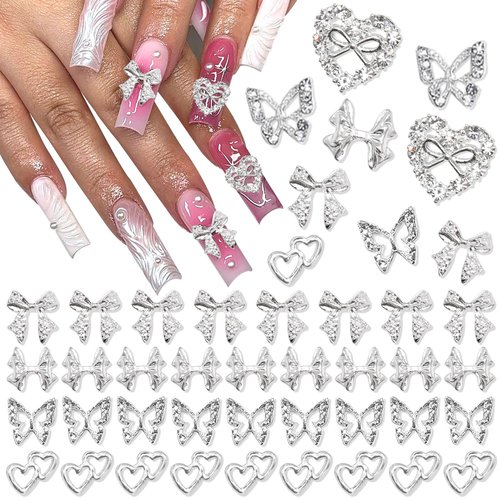 RODAKY 44PCS Bow Nail Charms Valentine's Day Silver 3D Butterfly Nail Gems Multistyle Nail Charms Heart Shape Nail Jewelry Y2K Charms for Acrylic Nails Decoration Nail Supplies for Women and Girls