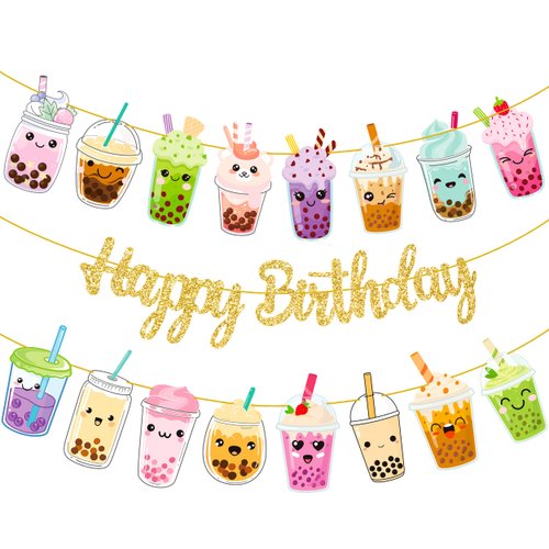 Bubble Tea Birthday Party Banners 3pcs Boba Tea Birthday Decorations Gold Glitter Happy Birthday Banner Bubble Mill Tea Cutouts Garland for Bubble Tea Theme Birthday Baby Shower Supplies