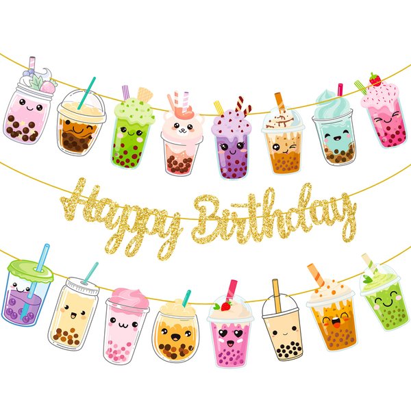 Bubble Tea Birthday Party Banners 3pcs Boba Tea Birthday Decorations Gold Glitter Happy Birthday Banner Bubble Mill Tea Cutouts Garland for Bubble Tea Theme Birthday Baby Shower Supplies