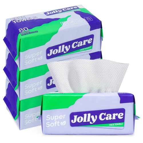 Jolly Care Disposable Face Towels, Face Towelette Disposable, Soft Makeup Remover Dry Wipes, Thick Facial Tissue for Women Cleansing, Skin Care, 7.8"×7.8", 80 Count (4 Pack)