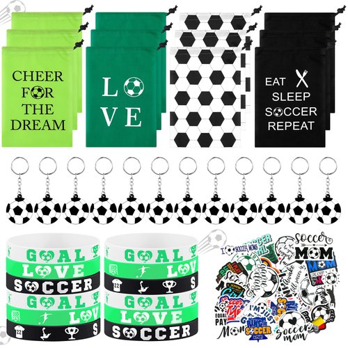 WILLBOND 86 Pcs Soccer Party Favors Soccer Themed Birthday Party Supply Soccer Party Bags with Drawstring Keychains Bracelets Wristbands Stickers for Football Party Goodie Bag Fillers Decoration