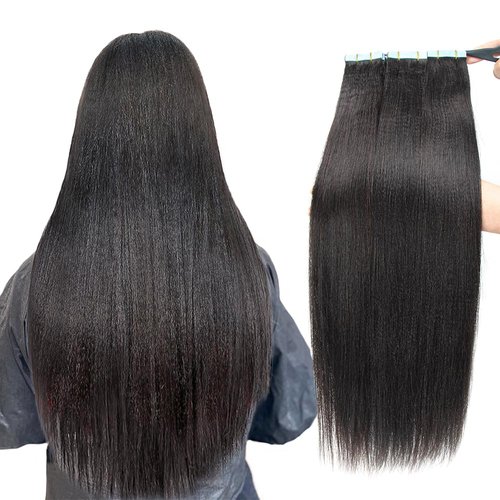 Isheeny Tape in Hair Extensions Human Hair Black Women Yaki Tape in Extensions Human Hair Light Yaki Straight Hair Extensions Real Human Hair Tape in Extensions 20 Inch 20 pieces 50g/set