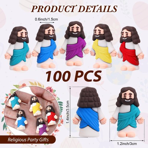 Bememo 100 Pcs Jesus Toys Original Design Mini Rubber Little Jesus Figurine to Hide and Seek Religious Party Favors Sunday Craft Baptism Gifts for Easter Egg Stuffers(Multicolor)