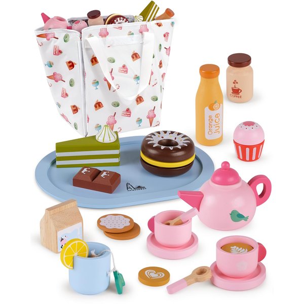 RRIBOUDWAN Wooden Tea Set for Little Girls, Play Kitchen Accessories Include Cake, Tiramisu, Tea, Juice and Coffee, Green Toys Tea Party Set for 3 4 5 6 Years