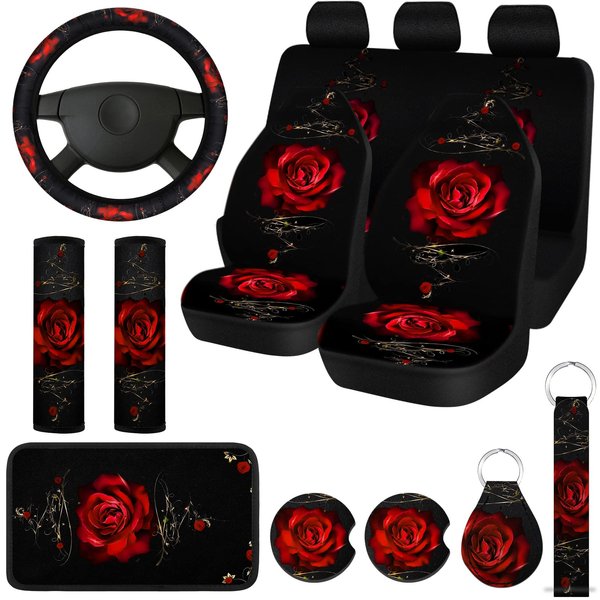 Tallew 15 Pcs Rose Art Flower Car Seat Covers Full Set for Women Rubber Steering Wheel Cover Armrest Cover Seatbelt Covers Polyester Fabric Front Seat Rear Backrest Cover Bottom Cover Universal (Red)