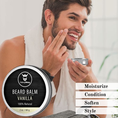 Striking Viking Vanilla Beard Balm - Styles, Strengthens & Softens Beards & Mustaches - Natural Beard Conditioner Wax with Organic Shea Butter, Tea Tree, Argan & Jojoba Oils (Vanilla)