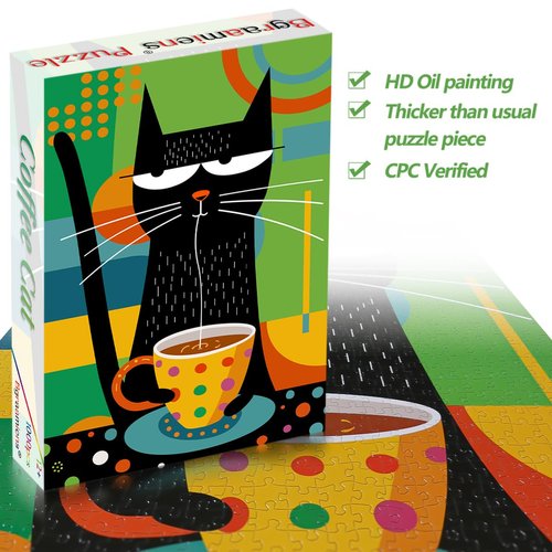 Bgraamiens Puzzle-Coffee Cat- Modern Art Puzzle Cartoon Cat Puzzle 1000 Pieces Puzzle for Adult, Color Challenge Puzzle for Adult