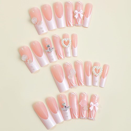 24Pcs French Tip Square Fake Nails Medium Press on Nails with Rhinestone Bow Flower Charm Designs False Nails Full Cover Pink Stick on Nails Cute Nail Decorations for Women