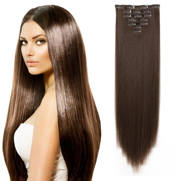 OneDor 24" Straight Full Head Premium Japanese High-Temperature Fiber Heat Resistance Hair Extensions Clip on in Hairpieces 7pcs 140g (Straight 8#-Light Chestnut Brown)