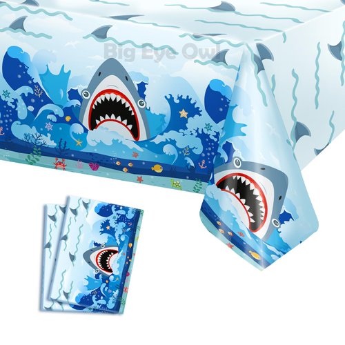 2 Pcs Shark Party Tablecloths Plastic Disposable Birthday Party Table Cloth Rectangle Tablecovers Decorations Blue Boys Shark Theme Party Supplies 54x108 Inch