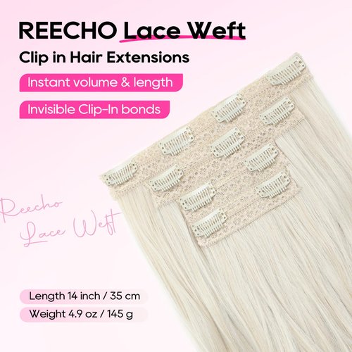 REECHO Clip in Hair Extensions, 4PCS Lace Weft Hair Extensions 14" Short Wavy Hair Extensions Invisible Hair Extensions Clip Ins Natural Soft Hairpieces for Women, Platinum Blonde