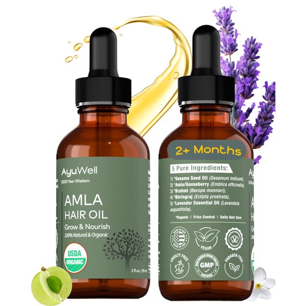 Ayuwell Amla Hair Oil, Lightweight Indian Hair Growth Oil - USDA All Types - Ayurvedic Hair Oil Nourishing Scalp, Indian Hair Oil, Bhringraj Oil, Amla Oil Hair Growth, Indian Hair Care - 2oz