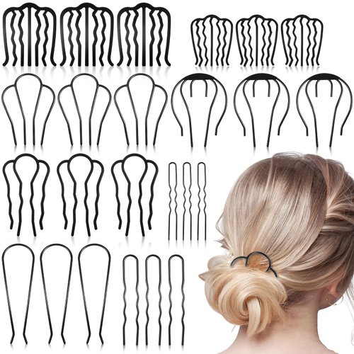Tigeen 24 Pieces Hair Side Combs U Shaped Teeth Hair Pins Vintage French Metal Hair Clips Hair Fork Styling Updo Bun Hair Stick Messy Hair Bun Maker Hair Accessories Tool for Women Girl, Black