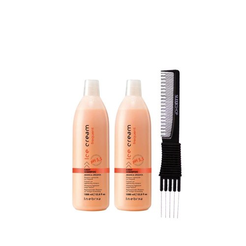 kuss Inebrya Ice Cream Frequent Daily Shampoo (33.8 oz) with Teasing Comb Pack of 2
