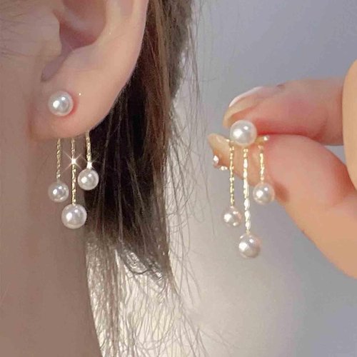 Yheakne Boho Pearl Drop Dangle Earrings Gold Pearl Ear Jacket Earrings Vintage Dangle Pearl Tassel Earrings Double Way Front Back Earrings Jewelry for Women Gifts