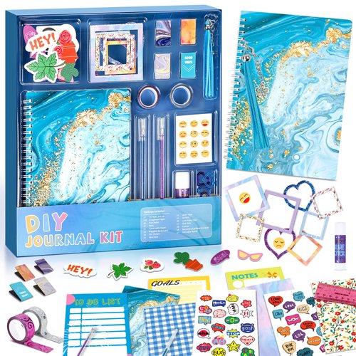 PERRYHOME DIY Journal Kit for Girls Ages 8-12, Stationery Journal Set for Teenage Girls Ages 8-12 Scrapbook & Diary Kits, Journaling Art Crafts Kit Teen 8-10-12 Year Old Girl Birthday Gifts - Blue
