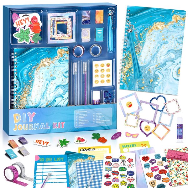 PERRYHOME DIY Journal Kit for Girls Ages 8-12, Stationery Journal Set for Teenage Girls Ages 8-12 Scrapbook & Diary Kits, Journaling Art Crafts Kit Teen 8-10-12 Year Old Girl Birthday Gifts - Blue