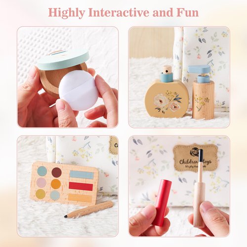 Promise Babe Wooden Makeup Toys Set, Dress-Up Toddler Makeup Kit Pretend for Kids, 2 in 1 Fake Makeup for 3 Years +