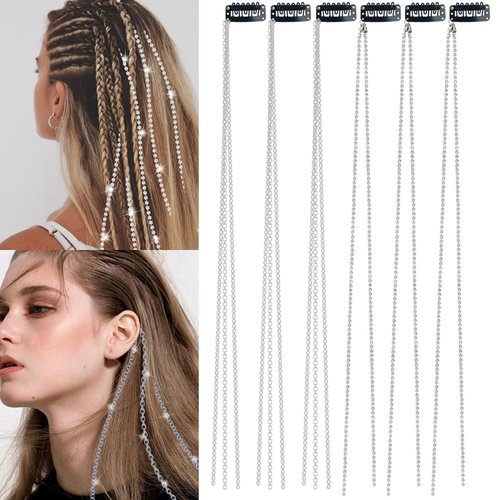 REDANHA 6 Pieces Silver Punk Tassel Extensions Braiding Hair Clips with Rhinestones and Thin Chain for Nightclub Party Daily Headwear Decoration (2 Styles)