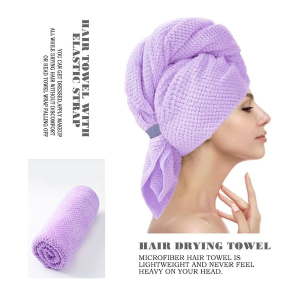 Haomye Super Absorbent Hair Towel Wrap Hair Drying Towel with Elastic Strap Microfiber Quick Dry Hair Turban for Women and Girls (Purple)