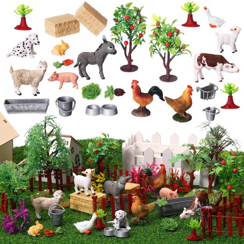 Sratte 26 Pcs Mini Farm Animal Figures Miniature Farm Animals Figurine Toys Plastic Animal Playset Model Trees Farm Feed Food Accessories for Cake Topper Gift Birthday Party Decor