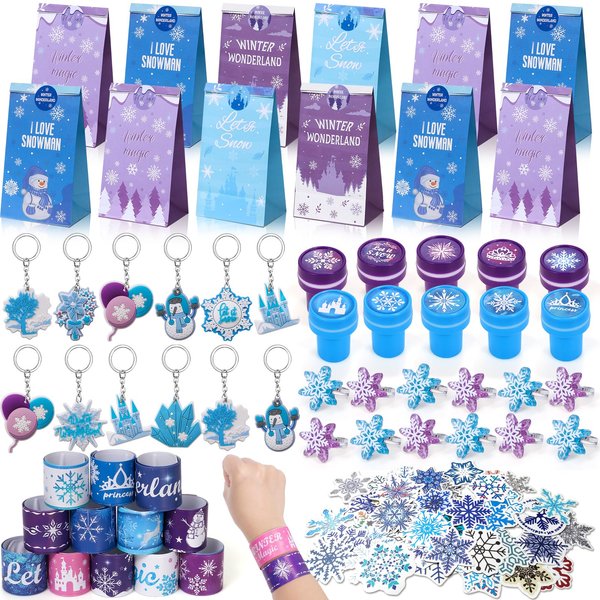 Winrayk 98Pcs Frozen Party Favors Birthday Supplies, Non Woven Tote Bag Snowflake Keychain Sticker Bracelet, Pinata Filler Goody Bag Stuffer Kids Classroom Prize Girls Elsa Frozen Party Supplies Decor