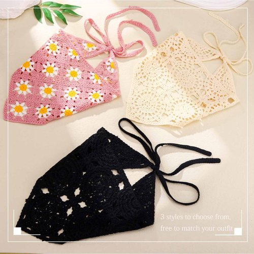 Acenail Crochet Hair Bandanas Women Floral Hair Scarf Tie Back Bandana Headband Knitted Head Kerchief Headbands Elastic Wide Knit Head Wraps Summer Boho Hair Accessories for Women Girls 3Pcs (Floral)