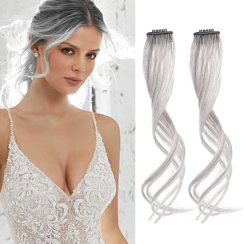 REECHO Long Side Air Bangs, Wavy Curly Clip in Curtain Bangs Front Side Bangs Face-Framing Highlights for Women Daily Use 2 PCS Set Long Temples (12 Inch, Grey/Brown/Silver/White Mixed)