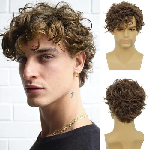 Tseses Short Brown Wigs for Men Curly Layered Natural Looking Side Part Hair Heat Resistant Synthetic Wigs with Wig Cap (Brown)