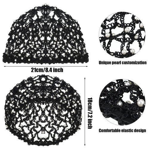 MTLEE 2 Pieces Mesh Crochet Hair Net Rayon Knit Snood with Pearl Crocheted Sleeping Cap Hair Wrap Hair Cover Ornament for Long Short Curls Hair(Black)