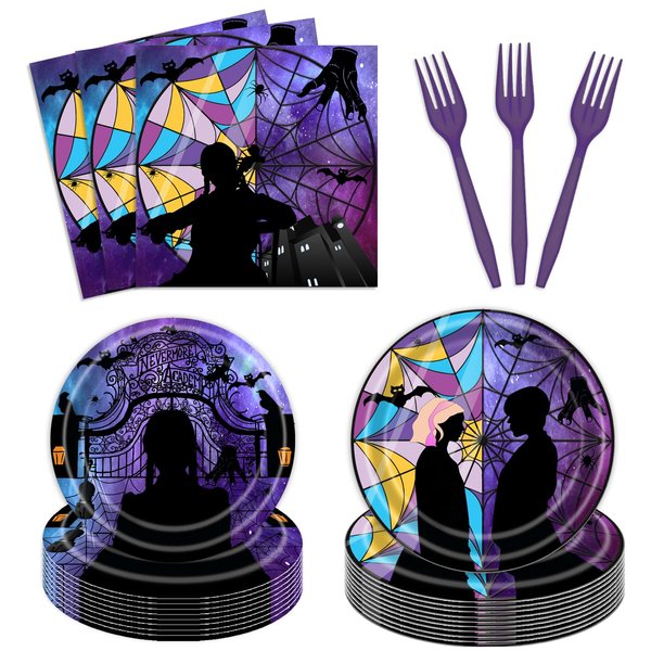 96 Pcs Wednesday Plates and Napkins Party Supplies Gothic Wednesday Party Supplies Including Wednesday Party Plates and Napkins Forks, Wednesday Party Favors Wednesday Birthday Decorations for Girls