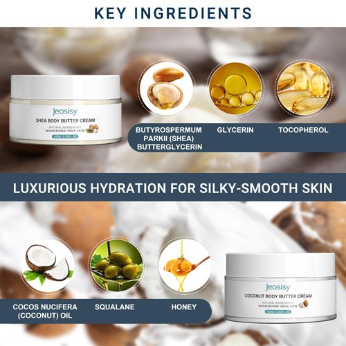Body Butter Set of 2 - Coconut Butter Cream & Shea Butter Cream for Dry Skin, After Sun Hydrating Nourishing Soothe Skincare Coconut Oil Moisturizing Cream Gift for Women Girl Natural Scent,3.53oz*2