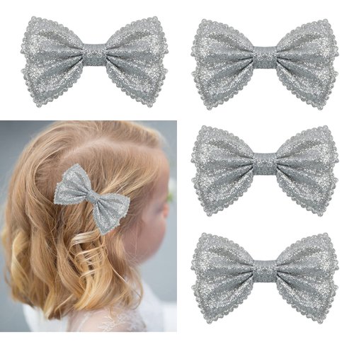 HoveBeaty Glitter Bow Hair Clips Sparkly Bowknot Hair Barrettes 4 Pcs (silver)