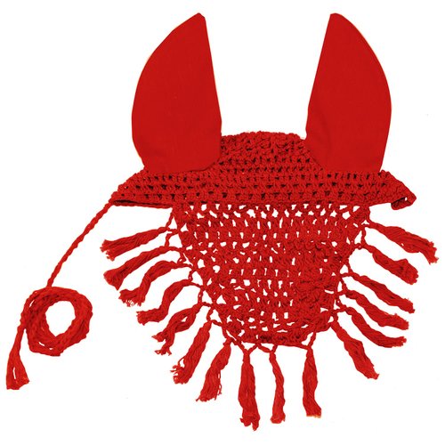 Derby Originals Crochet Horse Fly Veil Ear Bonnet with Fringe,Red,Full Size,72-7106-RD