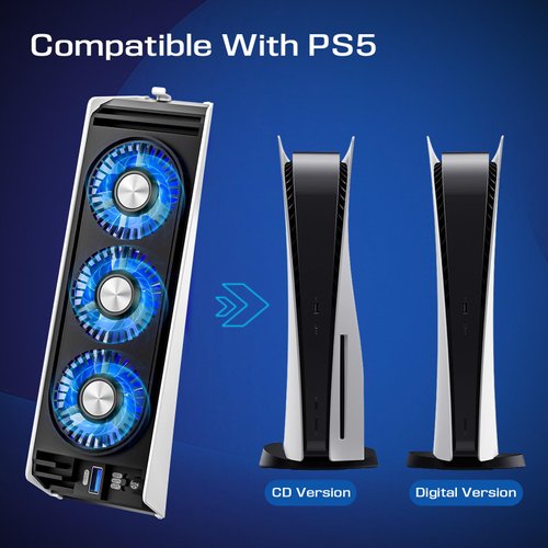 Cooling Fan for PS5 Accessories,with 3 Blue LED Light/ 2 USB 3.0 Ports / 2 Fan Speed,Compatible with PlayStation 5 Console Digital/CD Version, High Efficiency PS5 Cooler Station(Black)