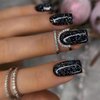 Black Press on Nails Medium Square Fake Nails Glossy False Nails With Glitter Designs Full Cover Stick on Nails Coffin Acrylic Artificial Nails Glue on Nails for Women Nail Art Decorations 24Pcs